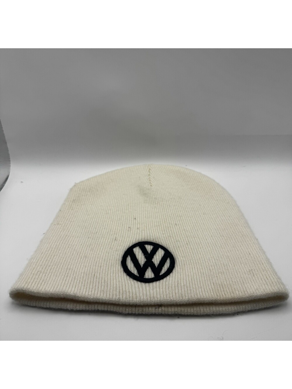 Volkswagen VW Logo Beanie White Knit Embroidered Winter Hat As-Is Stained Flaw
